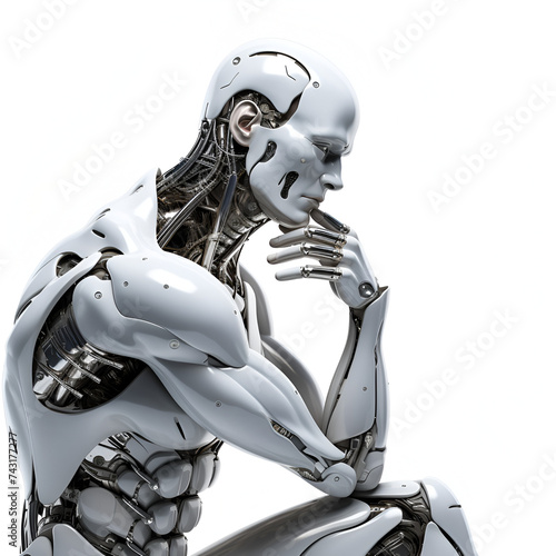 robot, statue, cyborg sitting and thinking as david