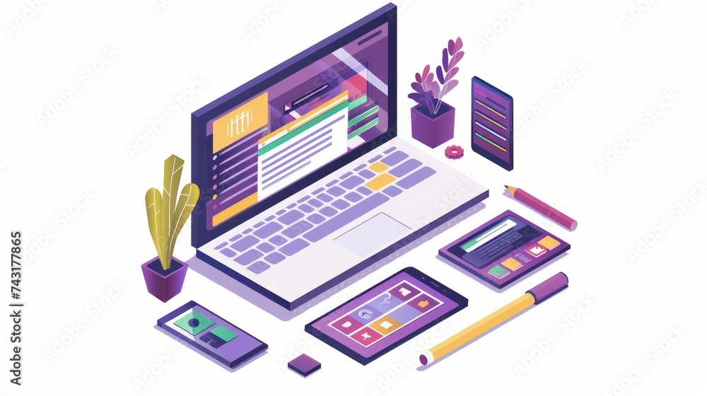Creating websites and coding for cross-platform development. Depiction of an adaptive layout webpage or web interface displayed on laptop,tablet, and phone screens. Illustrated in an isometric concept