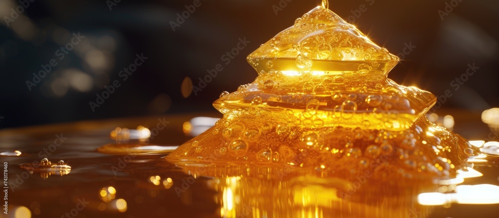 A detailed close-up of a delicious yellow cake resting on a wooden table. A detailed close-up of a delicious yellow cake resting on a wooden table.