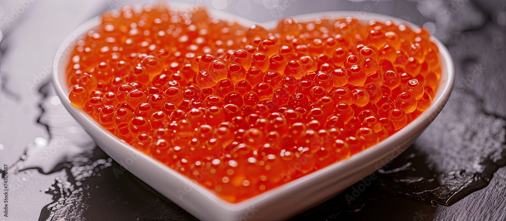 A heart-shaped bowl is filled with vibrant red beads resembling fish eggs or caviar. The beads are neatly arranged in the bowl, creating a visually striking contrast with the bowls shape. A heart-shaped bowl is filled with vibrant red beads resembling fish eggs or caviar. The beads are neatly arranged in the bowl, creating a visually striking contrast with the bowls shape.
