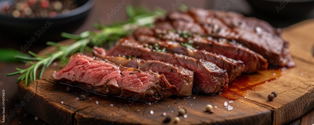 Grilled Rib Eye beef steak slices on wooden board