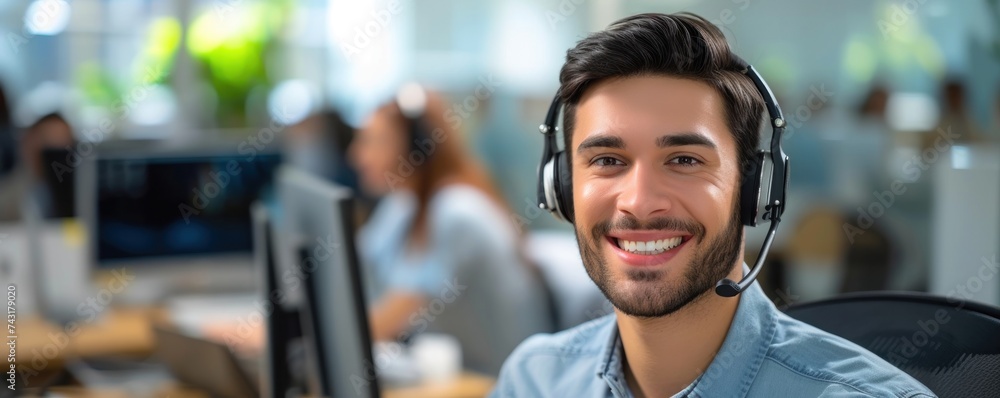 Obraz premium Telemarketing service concept. Communication centre with calling man