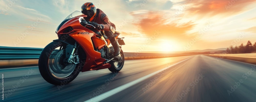 Motorbike rider in sunset light riding with high speed - obrazy, fototapety, plakaty 