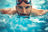 A man swimming laps in a pool, with a look of focus on his face