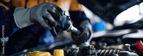 Car mechanic hands changing the fuel filter in garage © Daniela