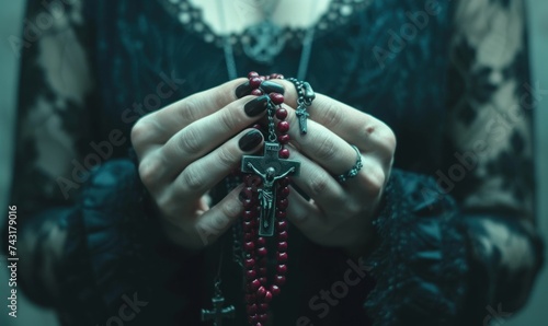 Woman hands holding a rosary and praying