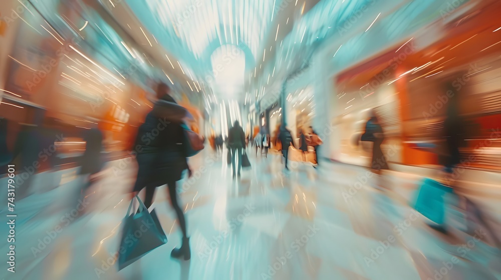 Blurred background of a modern shopping mall with some shoppers. Shoppers walking at shopping center, motion blur. Abstract motion blurred shoppers with shopping bags