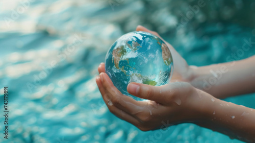 Hände halten eine Weltkugel aus Wasser. Der Welttag des Wassers findet Jährlich am 22. März statt. 