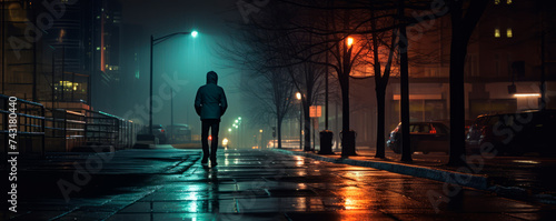 Person walking away on a wet city sidewalk at night, under streetlights and a hazy sky. The scene suggests solitude and contemplation amidst an urban environment.