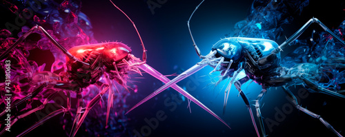 Artistic depiction of ants in a blue, digital environment, conveying teamwork and technology with a space-like background. Close-up, detailed, metaphorical.