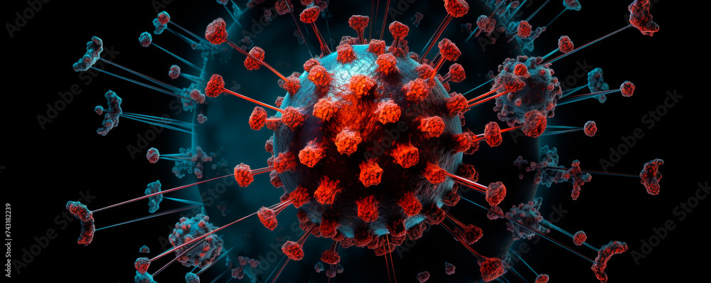 A striking 3D visualization presents the coronavirus with red spikes on a teal blue envelope, offering a detailed view  virus's structure, pivotal for understanding its biology and impact on health. - obrazy, fototapety, plakaty 