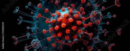 A striking 3D visualization presents the coronavirus with red spikes on a teal blue envelope, offering a detailed view virus's structure, pivotal for understanding its biology and impact on health.
