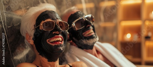 Two senior men, wearing black facial masks, sit next to each other in a sauna. They are relaxing and enjoying the experience, sharing laughter and conversation. photo