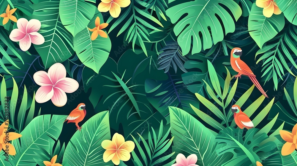 Seamless pattern with exotic trees, flowers and birds. Exotic tropical green jungle palm, leaves with trendy bird background. - VectorTexture for wrapping, textile wallpapers, surface design Seamless pattern with exotic trees, flowers and birds. Exotic tropical green jungle palm, leaves with trendy bird background. - VectorTexture for wrapping, textile wallpapers, surface design