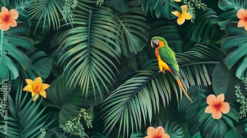 Seamless pattern with exotic trees, flowers and birds. Exotic tropical green jungle palm, leaves with trendy bird background. - VectorTexture for wrapping, textile wallpapers, surface design photo