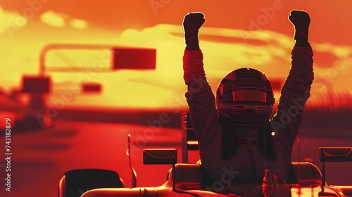 Silhouette of race car driver celebrating the win, gran prix. digital art