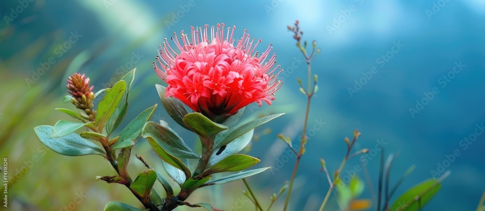 A detailed view of a vibrant red flower blooming on a green plant, showcasing the intricate details of its petals and stamen. The flower appears fresh and in full bloom, adding a pop of color to its A detailed view of a vibrant red flower blooming on a green plant, showcasing the intricate details of its petals and stamen. The flower appears fresh and in full bloom, adding a pop of color to its