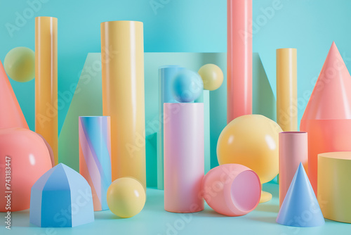 A 3D geometric abstraction with a pastel color scheme. The shapes are cylinders and cones