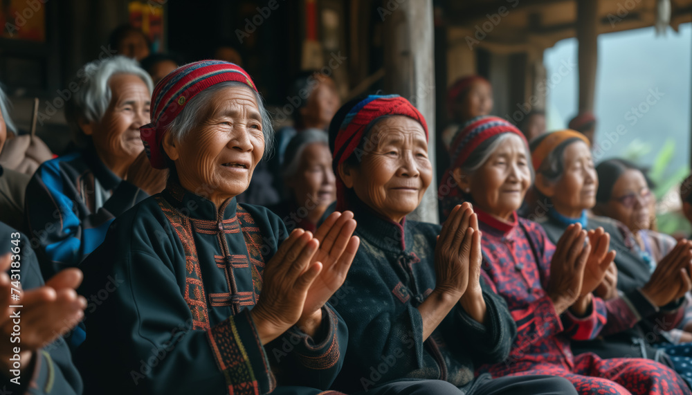 Group of elderly Asian ethnic woman clapping hands at meeting or presentation speech. Generative AI - obrazy, fototapety, plakaty 