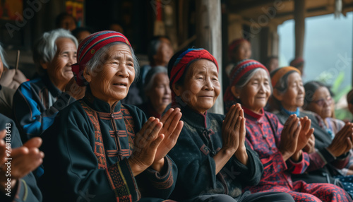 Group of elderly Asian ethnic woman clapping hands at meeting or presentation speech. Generative AI