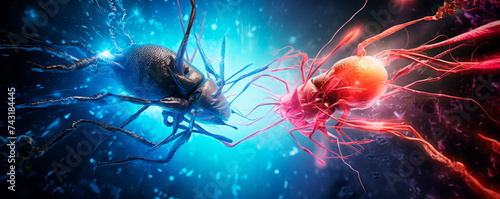 Digital render of vibrant red cells attacked by blue viruses in a high-energy scene, symbolizing infection and defense. Wide-angle, dramatic, thematic.
