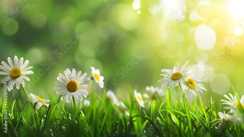 Spring. Beautiful natural background of green grass and wild flower with dew and water drops on sunlight green background. horizontal banner with copy space