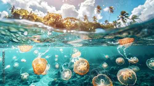 Jellyfish in tropical turquoise ocean water in sunny day. Split view above and below water surface. Travel and vacation concept © Ziyan