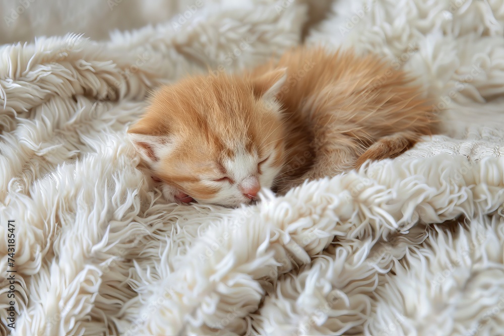 Naklejka premium A peaceful orange kitten sleeping comfortably in a soft, fluffy blanket.