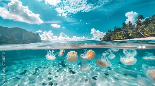 Jellyfish in tropical turquoise ocean water in sunny day. Split view above and below water surface. Travel and vacation concept