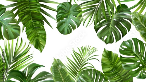 Vector banner with green tropical leaves on white background. Exotic botanical design for cosmetics, spa, perfume, beauty salon, travel agency. 