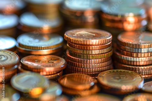 A close-up view of stacked coins representing various currencies and financial wealth.