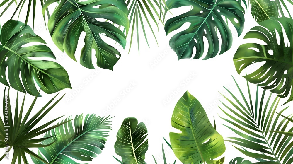 Vector banner with green tropical leaves on white background. Exotic botanical design for cosmetics, spa, perfume, beauty salon, travel agency.
