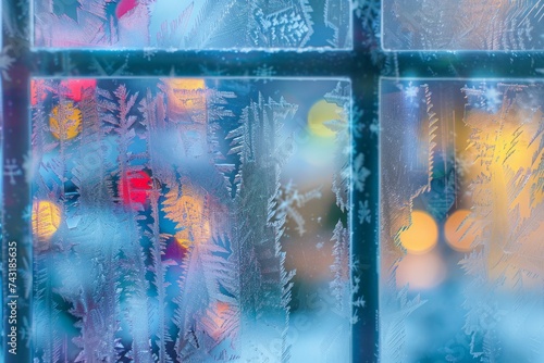 A close-up of a window pane covered in intricate frost patterns with colorful blurred lights in the background.