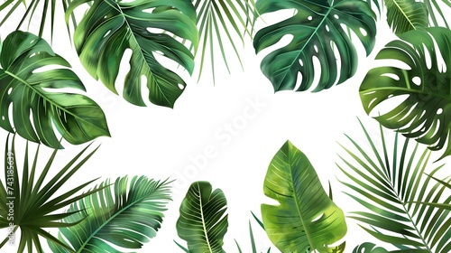 Vector banner with green tropical leaves on white background. Exotic botanical design for cosmetics, spa, perfume, beauty salon, travel agency. 