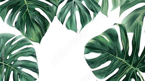 Vector banner with green tropical leaves on white background. Exotic botanical design for cosmetics, spa, perfume, beauty salon, travel agency.
 photo