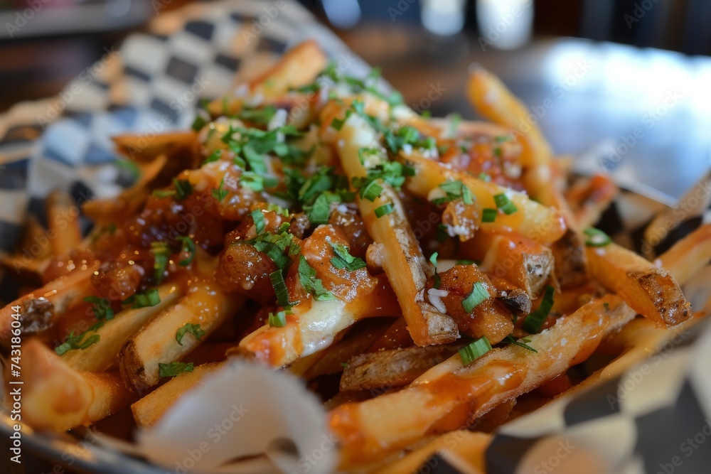 A close-up of a delicious serving of poutine with cheese and gravy on fries. A close-up of a delicious serving of poutine with cheese and gravy on fries.