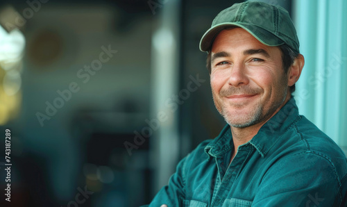 A happy worker wearing uniform is looking to the camera
