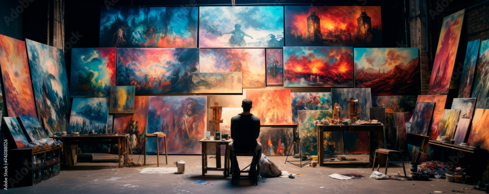 An artist stands in awe in their studio, surrounded by fiery landscapes that exude a passionate commitment to creation, embodying the fervor of artistic expression. An artist stands in awe in their studio, surrounded by fiery landscapes that exude a passionate commitment to creation, embodying the fervor of artistic expression.