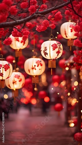 Beautiful traditional lanterns hanging from a tree during Chinese lunar new year, bokeh background