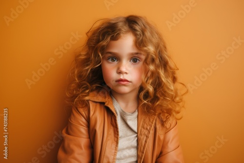 Portrait of a cute little girl with curly hair in a brown jacket on a orange background