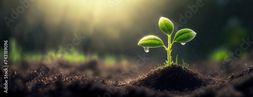 Young plant sprouting with water droplets. In this symbol of new beginnings, the sunlight bathes the young seedling, which signifies hope and renewal