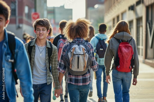 Diverse group of high school students walking to school in morning light, urban student lifestyle and education concept