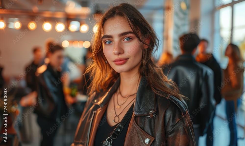 A young woman designer is standing in the middle of creative people in the room A young woman designer is standing in the middle of creative people in the room