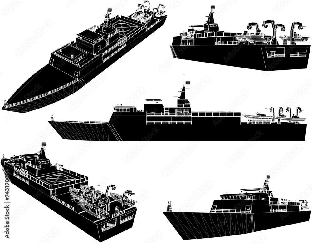Vector sketch illustration of the design of a modern naval warship - obrazy, fototapety, plakaty 