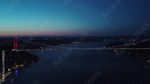 Aerial Istanbul Bosphorus Bridges on blue hour. Bosphorus Sea night landscape with the illimunated cable bridges in Istanbul, Turkey. Panoramic seascape
 photo