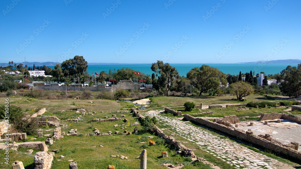 Old, Roman road in the Roman Villas, part of the Carthaginian ruins in Tunis, Tunisia