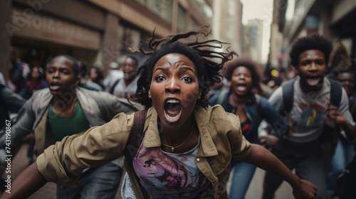 screaming black woman running with crowd in the background