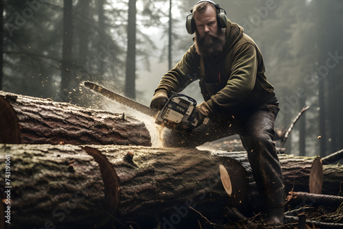 Lumberjack cutting some wood in the woods with a saw, lumberjack, wood cutting