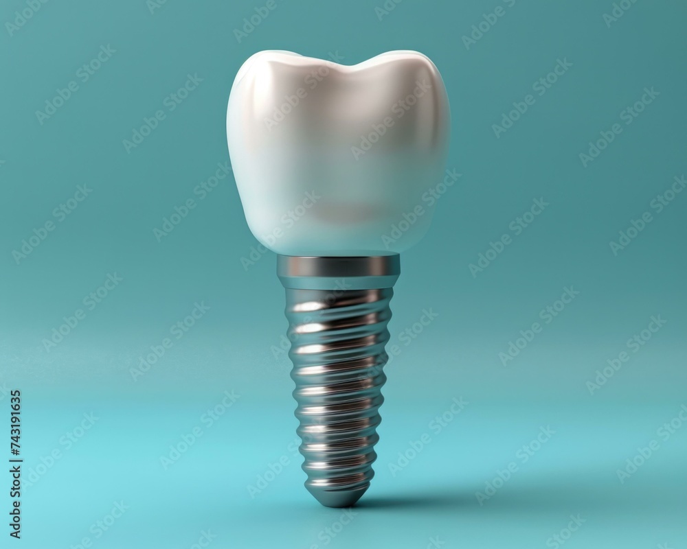 A dental implant on a blue background. Generative AI. A dental implant on a blue background. Generative AI.