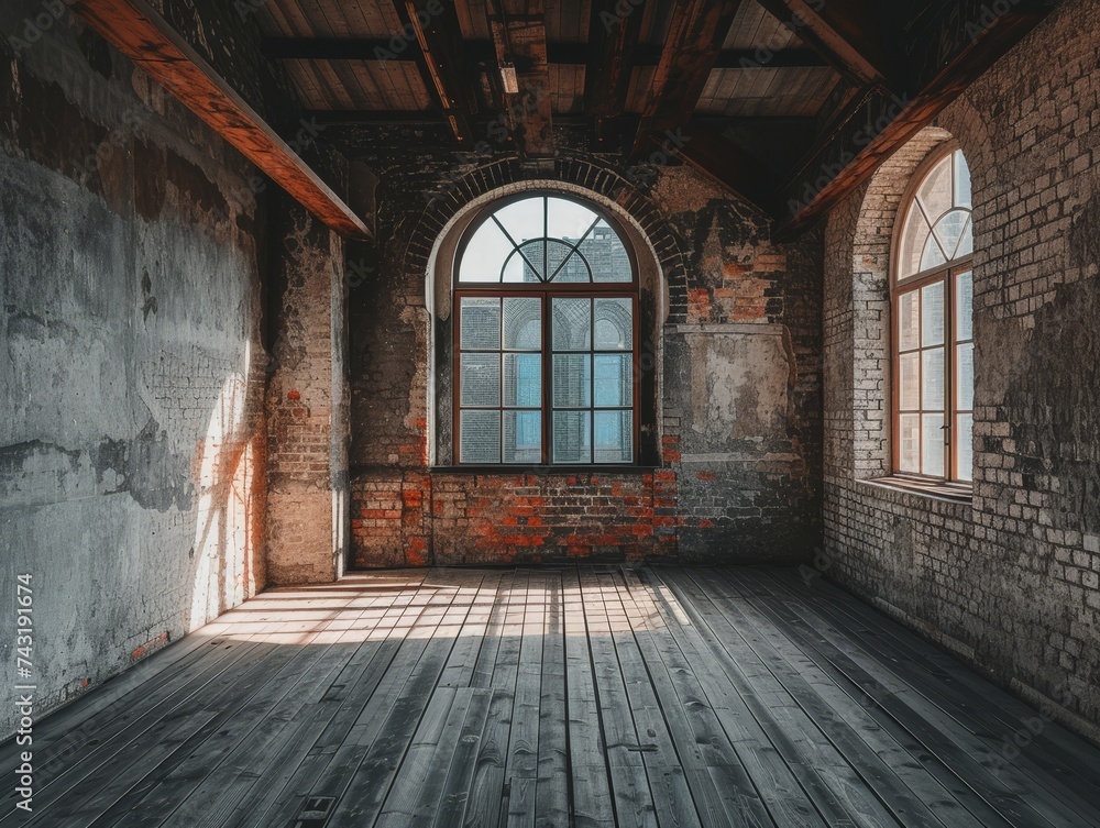 an empty room with a wood floor and windows